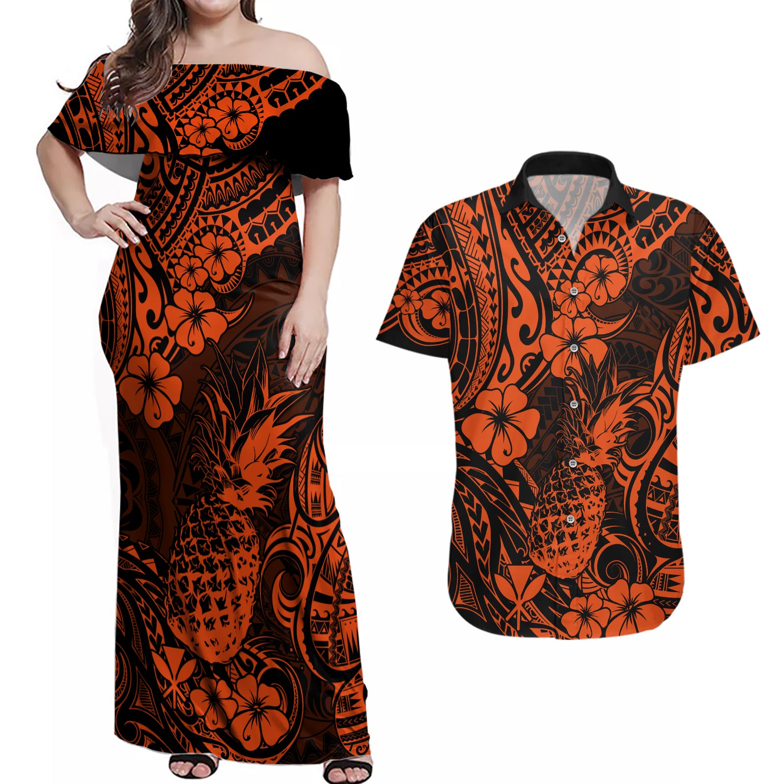 Hawaii Pineapple Couples Matching Off Shoulder Maxi Dress and Hawaiian Shirt Paradise Flowers Pacific With Orange Polynesian Tribal - Wonder Print Shop