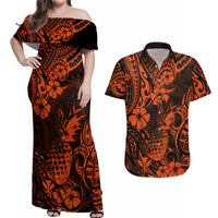Hawaii Pineapple Couples Matching Off Shoulder Maxi Dress and Hawaiian Shirt Paradise Flowers Pacific With Orange Polynesian Tribal - Wonder Print Shop