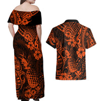 Hawaii Pineapple Couples Matching Off Shoulder Maxi Dress and Hawaiian Shirt Paradise Flowers Pacific With Orange Polynesian Tribal - Wonder Print Shop