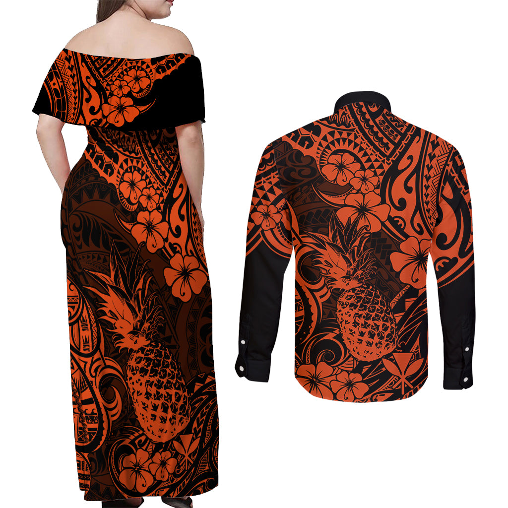Hawaii Pineapple Couples Matching Off Shoulder Maxi Dress and Long Sleeve Button Shirts Paradise Flowers Pacific With Orange Polynesian Tribal - Wonder Print Shop
