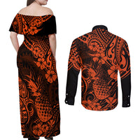 Hawaii Pineapple Couples Matching Off Shoulder Maxi Dress and Long Sleeve Button Shirts Paradise Flowers Pacific With Orange Polynesian Tribal - Wonder Print Shop