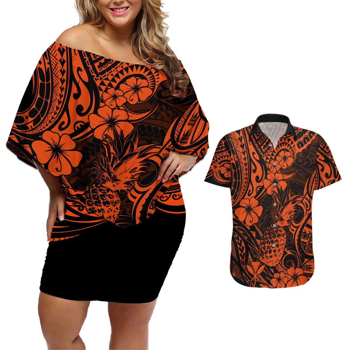 Hawaii Pineapple Couples Matching Off Shoulder Short Dress and Hawaiian Shirt Paradise Flowers Pacific With Orange Polynesian Tribal - Wonder Print Shop