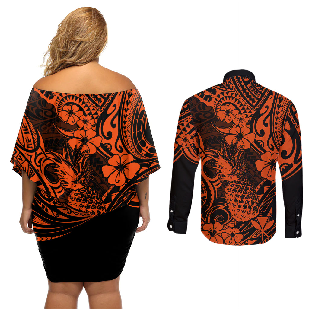Hawaii Pineapple Couples Matching Off Shoulder Short Dress and Long Sleeve Button Shirts Paradise Flowers Pacific With Orange Polynesian Tribal - Wonder Print Shop