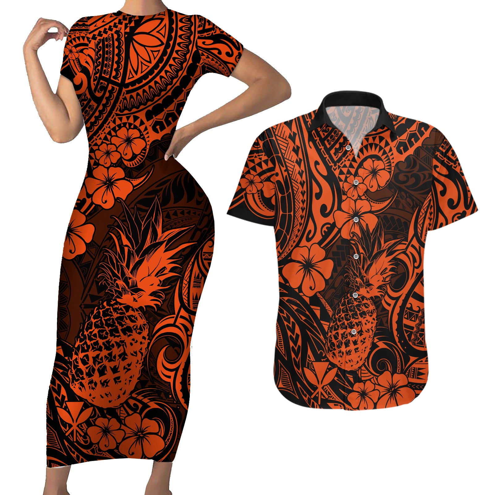 Hawaii Pineapple Couples Matching Short Sleeve Bodycon Dress and Hawaiian Shirt Paradise Flowers Pacific With Orange Polynesian Tribal - Wonder Print Shop