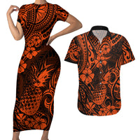 Hawaii Pineapple Couples Matching Short Sleeve Bodycon Dress and Hawaiian Shirt Paradise Flowers Pacific With Orange Polynesian Tribal - Wonder Print Shop