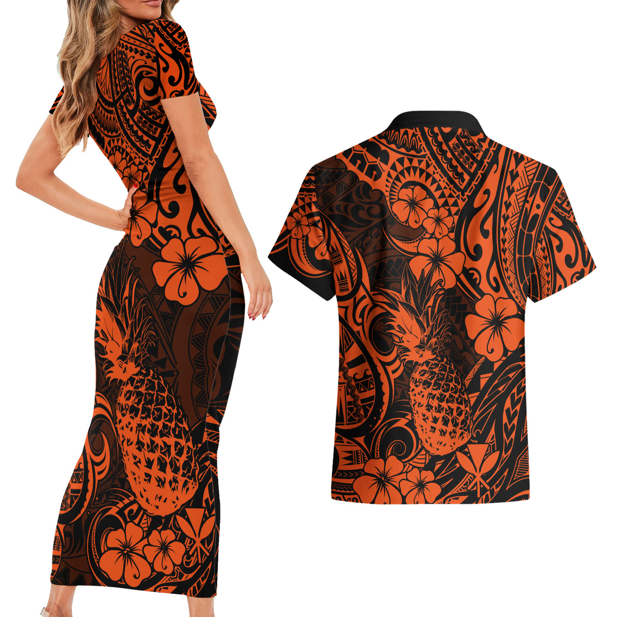 Hawaii Pineapple Couples Matching Short Sleeve Bodycon Dress and Hawaiian Shirt Paradise Flowers Pacific With Orange Polynesian Tribal - Wonder Print Shop