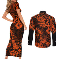 Hawaii Pineapple Couples Matching Short Sleeve Bodycon Dress and Long Sleeve Button Shirts Paradise Flowers Pacific With Orange Polynesian Tribal - Wonder Print Shop