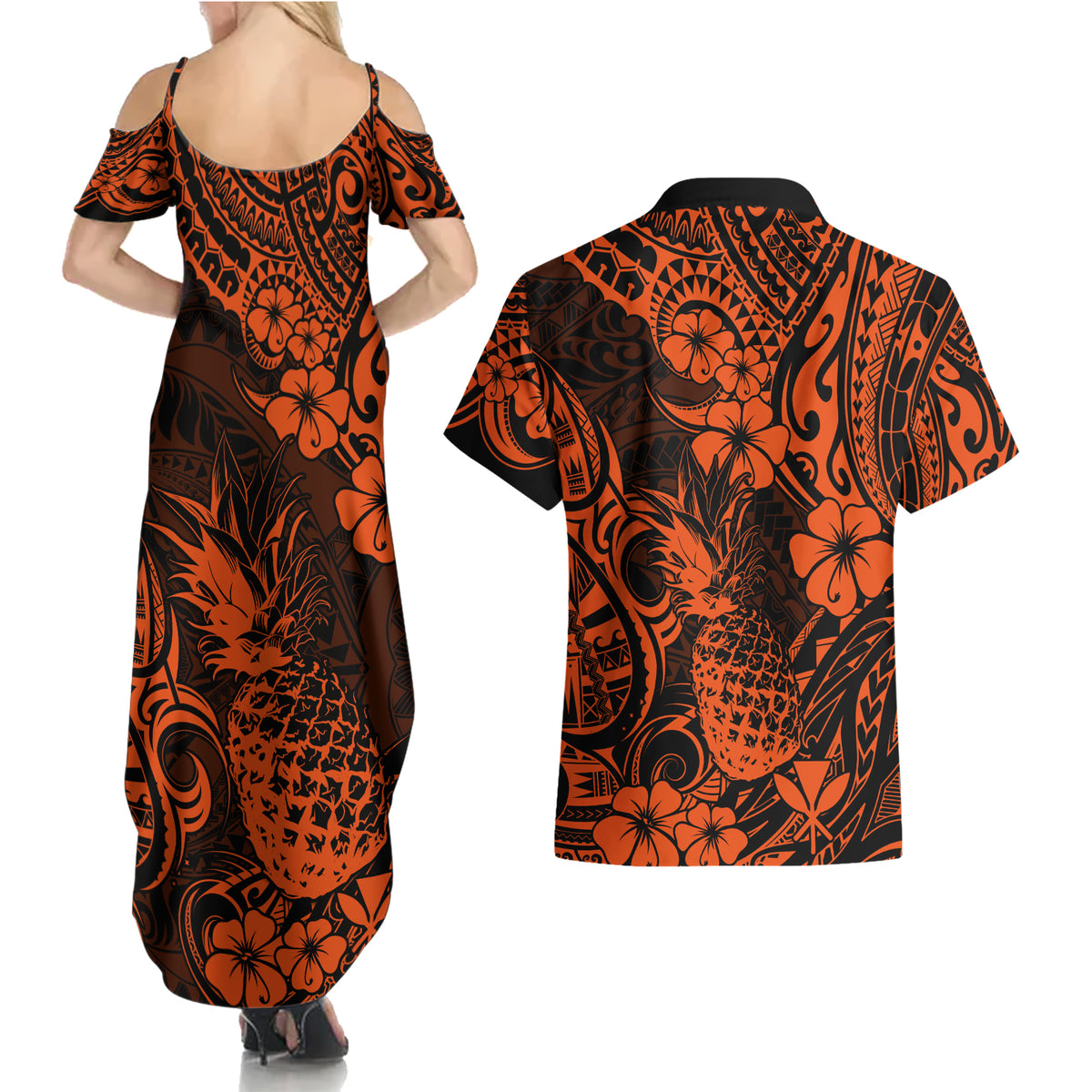 Hawaii Pineapple Couples Matching Summer Maxi Dress and Hawaiian Shirt Paradise Flowers Pacific With Orange Polynesian Tribal - Wonder Print Shop