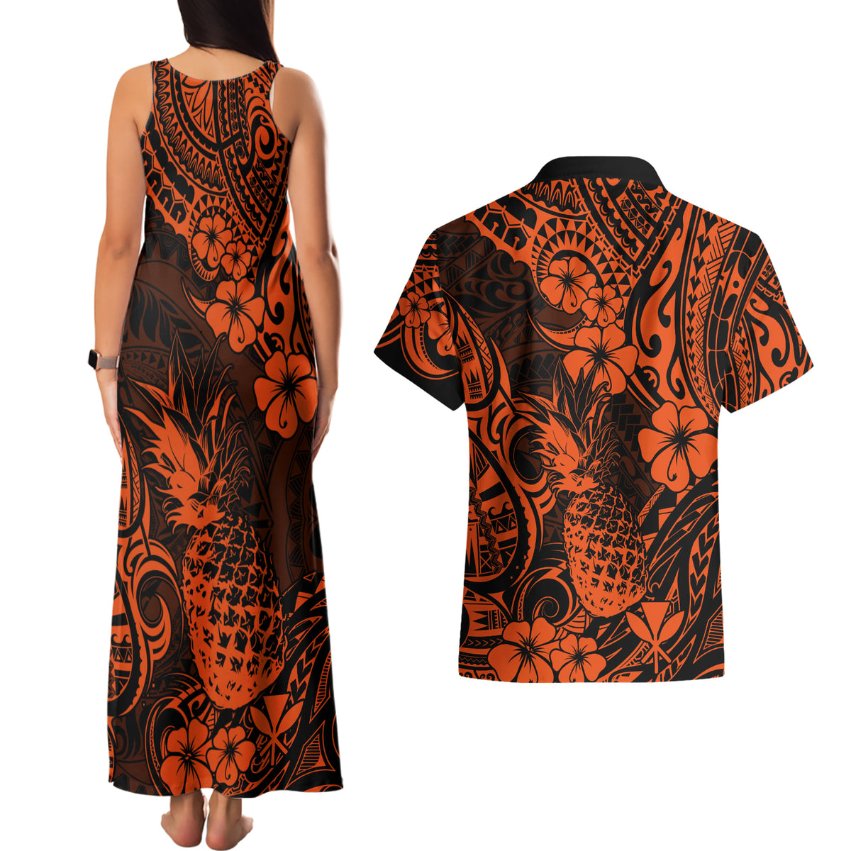Hawaii Pineapple Couples Matching Tank Maxi Dress and Hawaiian Shirt Paradise Flowers Pacific With Orange Polynesian Tribal - Wonder Print Shop