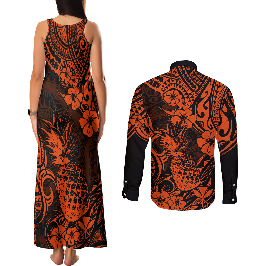 Hawaii Pineapple Couples Matching Tank Maxi Dress and Long Sleeve Button Shirts Paradise Flowers Pacific With Orange Polynesian Tribal - Wonder Print Shop