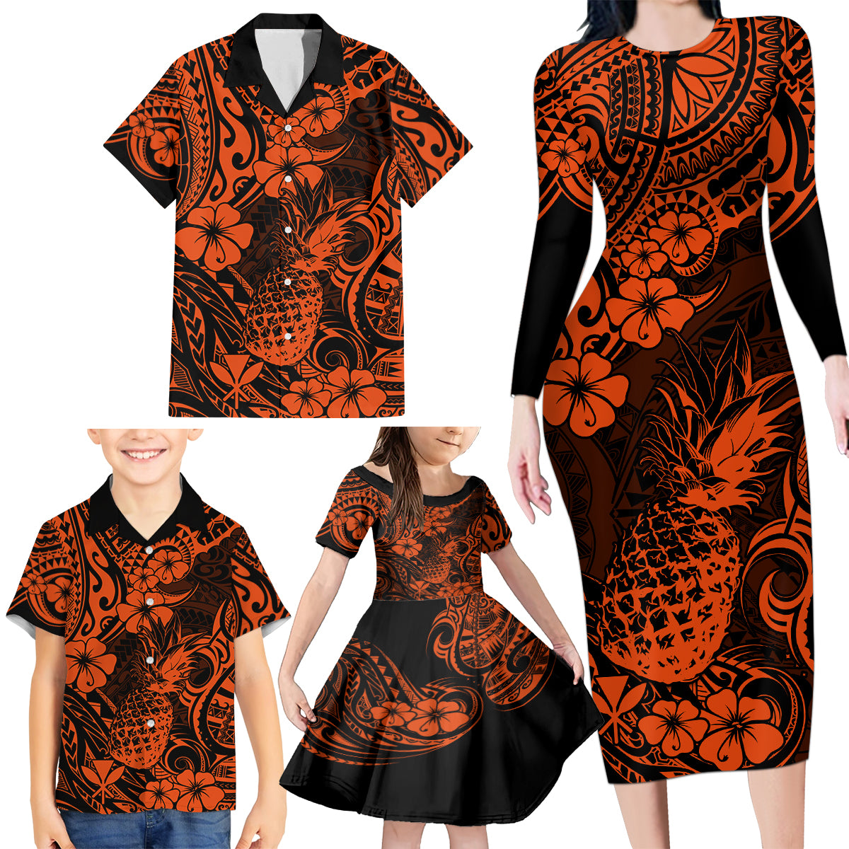 Hawaii Pineapple Family Matching Long Sleeve Bodycon Dress and Hawaiian Shirt Paradise Flowers Pacific With Orange Polynesian Tribal - Wonder Print Shop