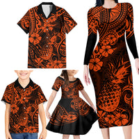 Hawaii Pineapple Family Matching Long Sleeve Bodycon Dress and Hawaiian Shirt Paradise Flowers Pacific With Orange Polynesian Tribal - Wonder Print Shop