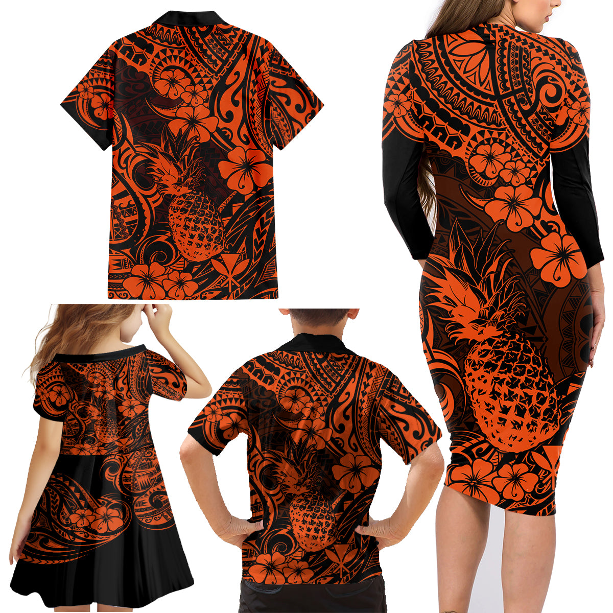 Hawaii Pineapple Family Matching Long Sleeve Bodycon Dress and Hawaiian Shirt Paradise Flowers Pacific With Orange Polynesian Tribal - Wonder Print Shop
