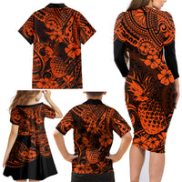 Hawaii Pineapple Family Matching Long Sleeve Bodycon Dress and Hawaiian Shirt Paradise Flowers Pacific With Orange Polynesian Tribal - Wonder Print Shop