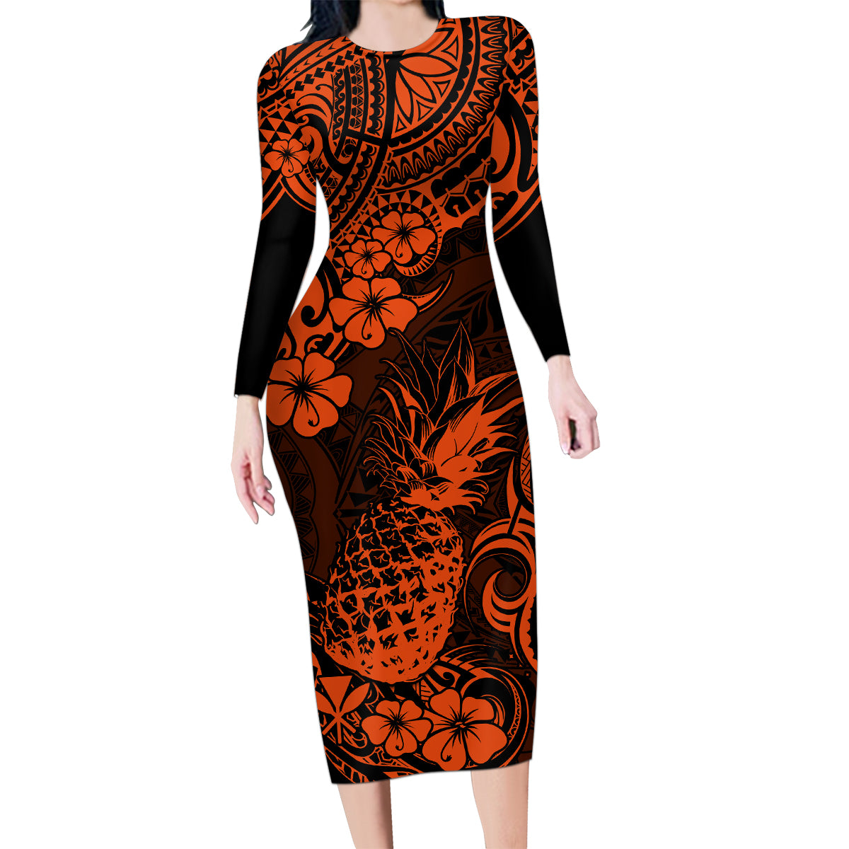 Hawaii Pineapple Family Matching Long Sleeve Bodycon Dress and Hawaiian Shirt Paradise Flowers Pacific With Orange Polynesian Tribal - Wonder Print Shop