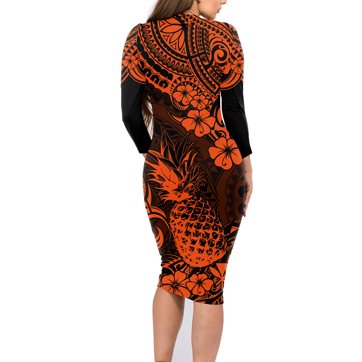 Hawaii Pineapple Family Matching Long Sleeve Bodycon Dress and Hawaiian Shirt Paradise Flowers Pacific With Orange Polynesian Tribal - Wonder Print Shop