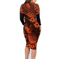 Hawaii Pineapple Family Matching Long Sleeve Bodycon Dress and Hawaiian Shirt Paradise Flowers Pacific With Orange Polynesian Tribal - Wonder Print Shop