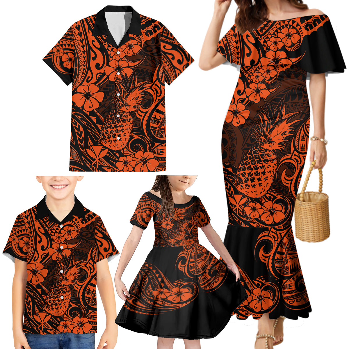 Hawaii Pineapple Family Matching Mermaid Dress and Hawaiian Shirt Paradise Flowers Pacific With Orange Polynesian Tribal - Wonder Print Shop