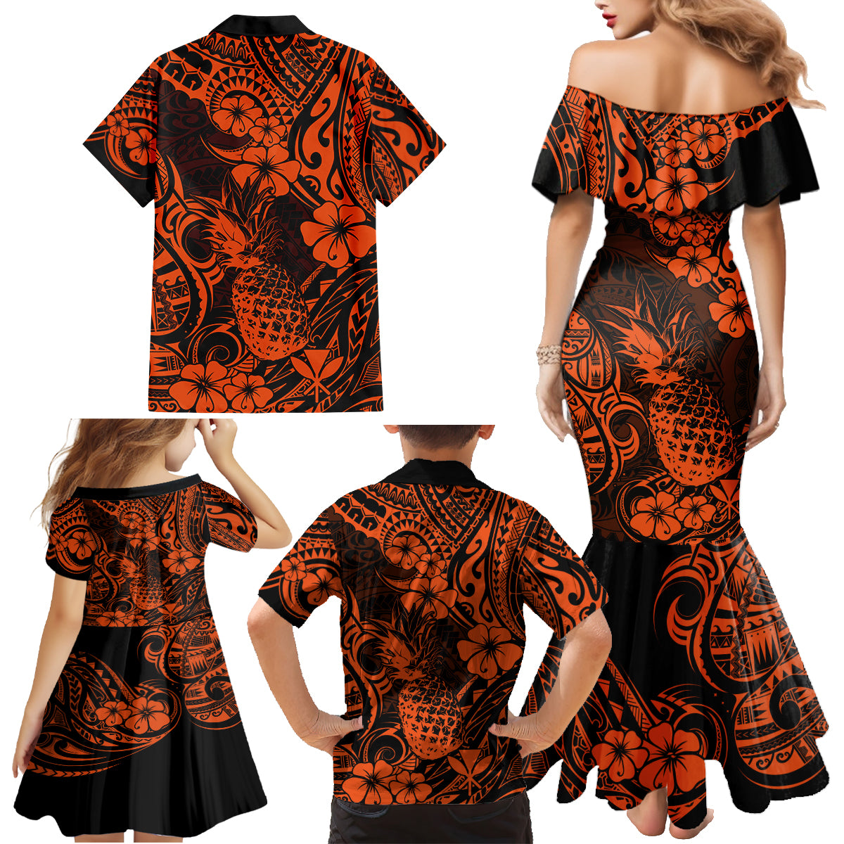 Hawaii Pineapple Family Matching Mermaid Dress and Hawaiian Shirt Paradise Flowers Pacific With Orange Polynesian Tribal - Wonder Print Shop