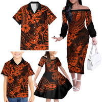 Hawaii Pineapple Family Matching Off Shoulder Long Sleeve Dress and Hawaiian Shirt Paradise Flowers Pacific With Orange Polynesian Tribal - Wonder Print Shop