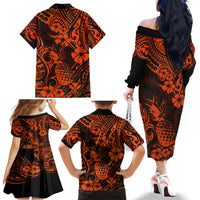Hawaii Pineapple Family Matching Off Shoulder Long Sleeve Dress and Hawaiian Shirt Paradise Flowers Pacific With Orange Polynesian Tribal - Wonder Print Shop