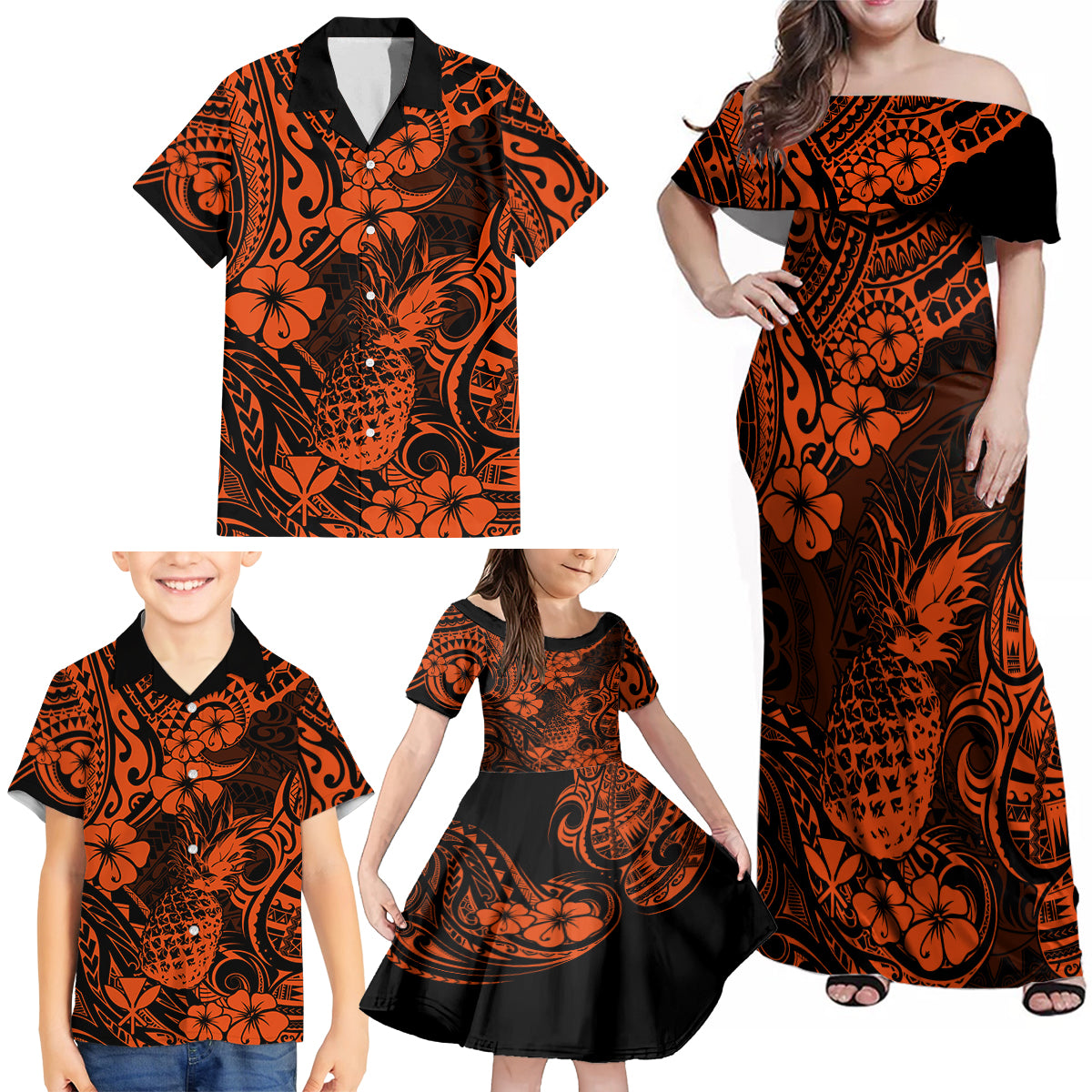 Hawaii Pineapple Family Matching Off Shoulder Maxi Dress and Hawaiian Shirt Paradise Flowers Pacific With Orange Polynesian Tribal - Wonder Print Shop
