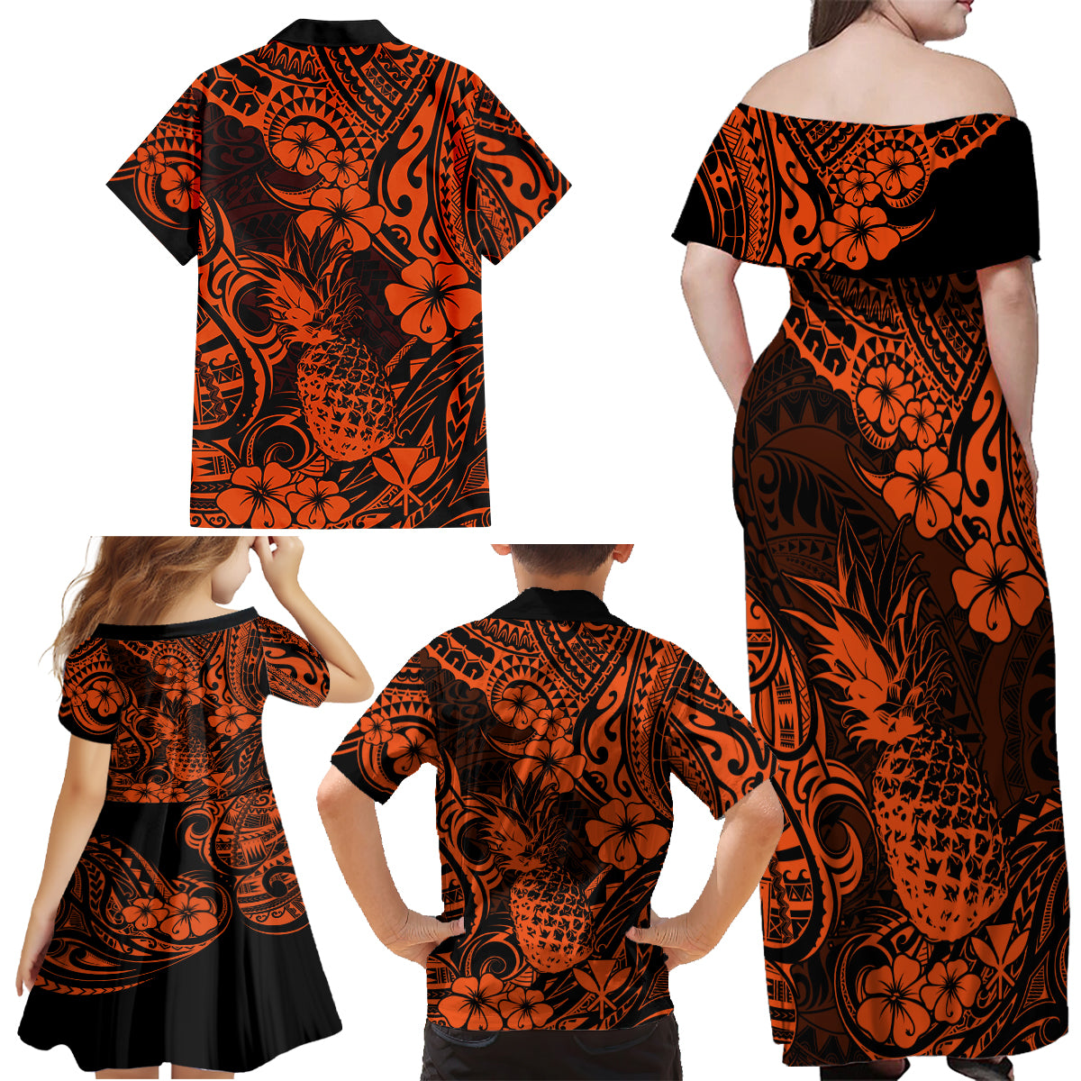 Hawaii Pineapple Family Matching Off Shoulder Maxi Dress and Hawaiian Shirt Paradise Flowers Pacific With Orange Polynesian Tribal - Wonder Print Shop