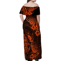 Hawaii Pineapple Family Matching Off Shoulder Maxi Dress and Hawaiian Shirt Paradise Flowers Pacific With Orange Polynesian Tribal - Wonder Print Shop