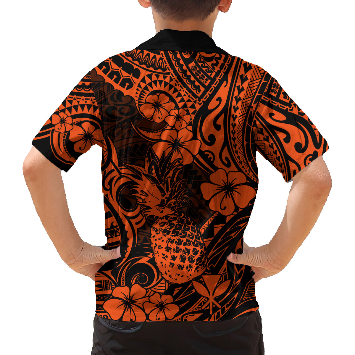 Hawaii Pineapple Family Matching Off Shoulder Short Dress and Hawaiian Shirt Paradise Flowers Pacific With Orange Polynesian Tribal - Wonder Print Shop