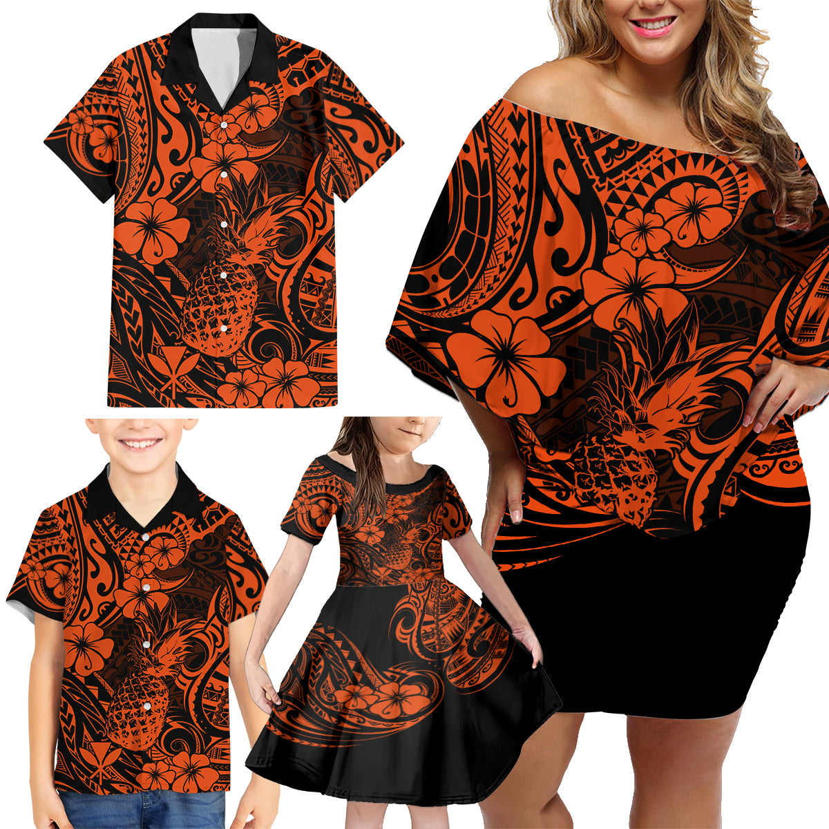 Hawaii Pineapple Family Matching Off Shoulder Short Dress and Hawaiian Shirt Paradise Flowers Pacific With Orange Polynesian Tribal - Wonder Print Shop