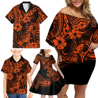 Hawaii Pineapple Family Matching Off Shoulder Short Dress and Hawaiian Shirt Paradise Flowers Pacific With Orange Polynesian Tribal - Wonder Print Shop