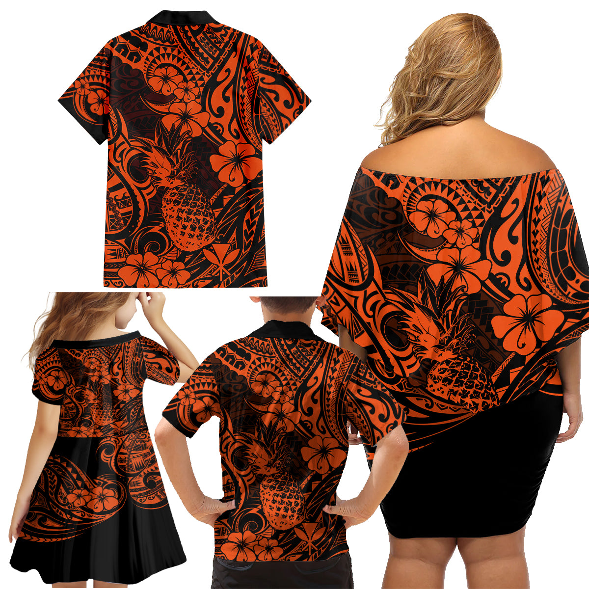 Hawaii Pineapple Family Matching Off Shoulder Short Dress and Hawaiian Shirt Paradise Flowers Pacific With Orange Polynesian Tribal - Wonder Print Shop