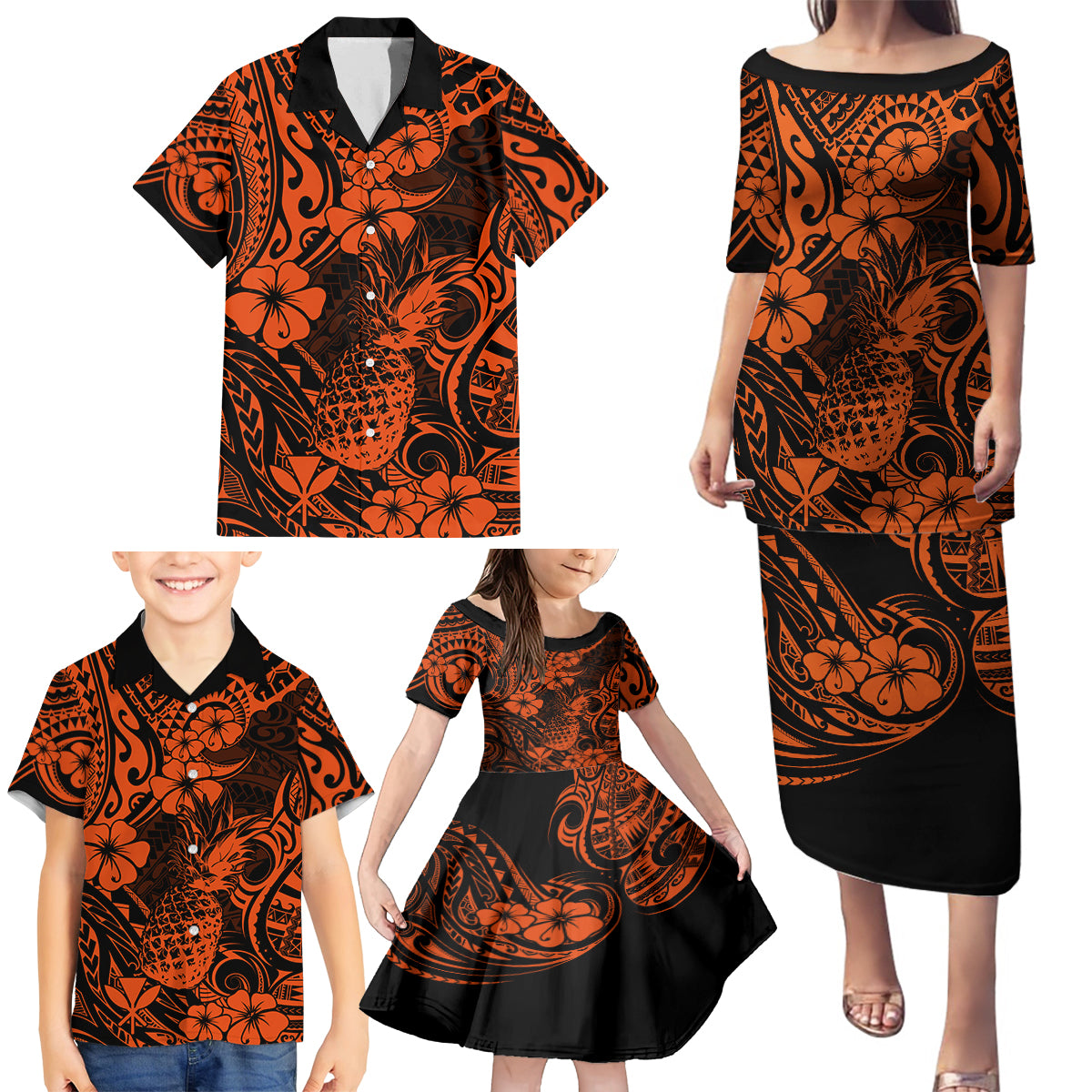Hawaii Pineapple Family Matching Puletasi Dress and Hawaiian Shirt Paradise Flowers Pacific With Orange Polynesian Tribal - Wonder Print Shop