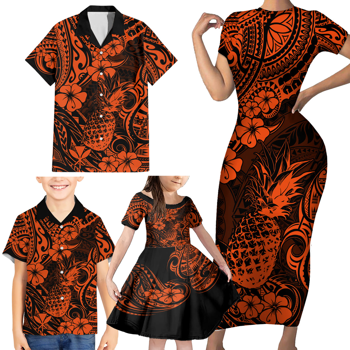 Hawaii Pineapple Family Matching Short Sleeve Bodycon Dress and Hawaiian Shirt Paradise Flowers Pacific With Orange Polynesian Tribal - Wonder Print Shop