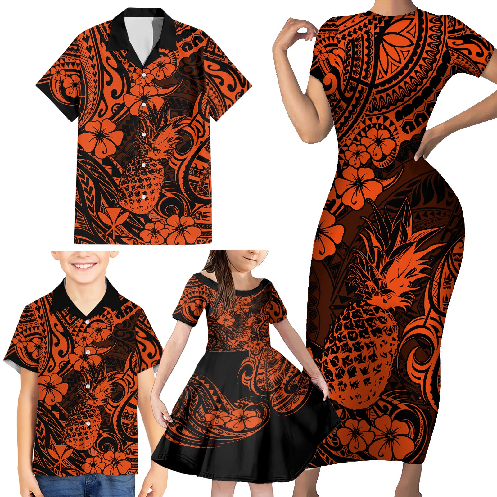 Hawaii Pineapple Family Matching Short Sleeve Bodycon Dress and Hawaiian Shirt Paradise Flowers Pacific With Orange Polynesian Tribal - Wonder Print Shop