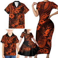 Hawaii Pineapple Family Matching Short Sleeve Bodycon Dress and Hawaiian Shirt Paradise Flowers Pacific With Orange Polynesian Tribal - Wonder Print Shop