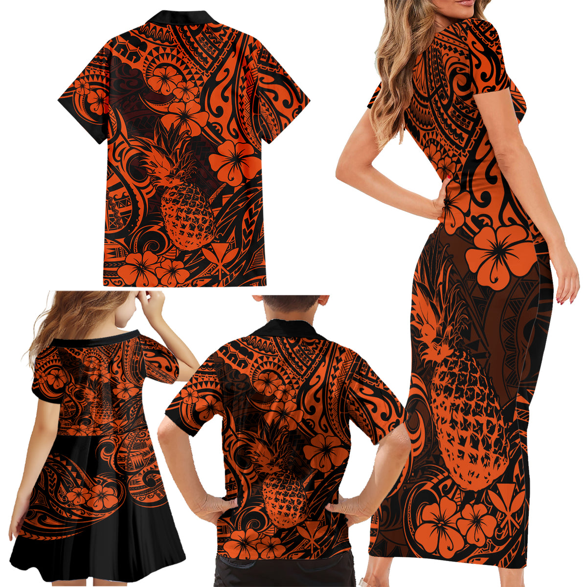 Hawaii Pineapple Family Matching Short Sleeve Bodycon Dress and Hawaiian Shirt Paradise Flowers Pacific With Orange Polynesian Tribal - Wonder Print Shop