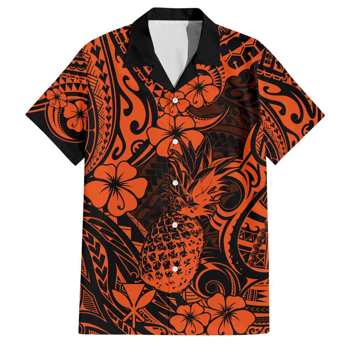 Hawaii Pineapple Family Matching Short Sleeve Bodycon Dress and Hawaiian Shirt Paradise Flowers Pacific With Orange Polynesian Tribal - Wonder Print Shop