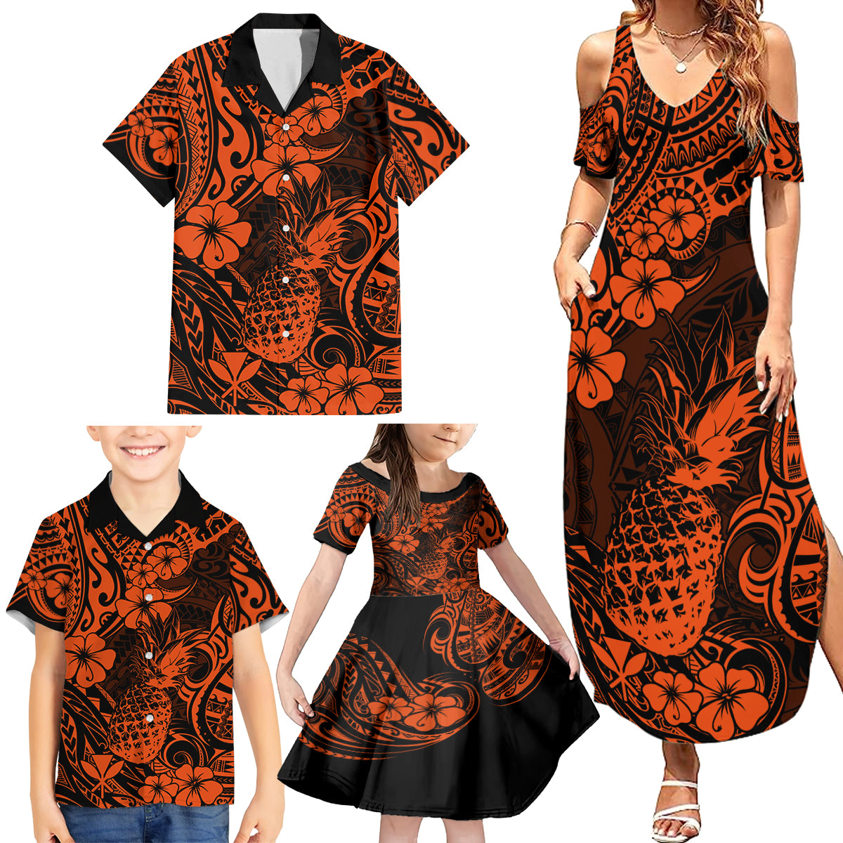 Hawaii Pineapple Family Matching Summer Maxi Dress and Hawaiian Shirt Paradise Flowers Pacific With Orange Polynesian Tribal - Wonder Print Shop