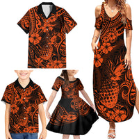 Hawaii Pineapple Family Matching Summer Maxi Dress and Hawaiian Shirt Paradise Flowers Pacific With Orange Polynesian Tribal - Wonder Print Shop