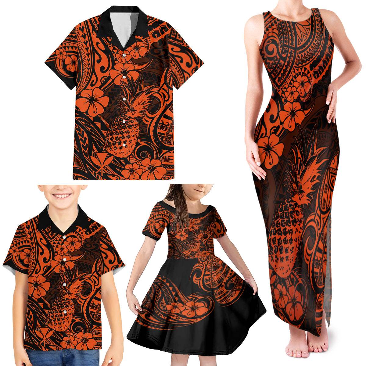 Hawaii Pineapple Family Matching Tank Maxi Dress and Hawaiian Shirt Paradise Flowers Pacific With Orange Polynesian Tribal - Wonder Print Shop