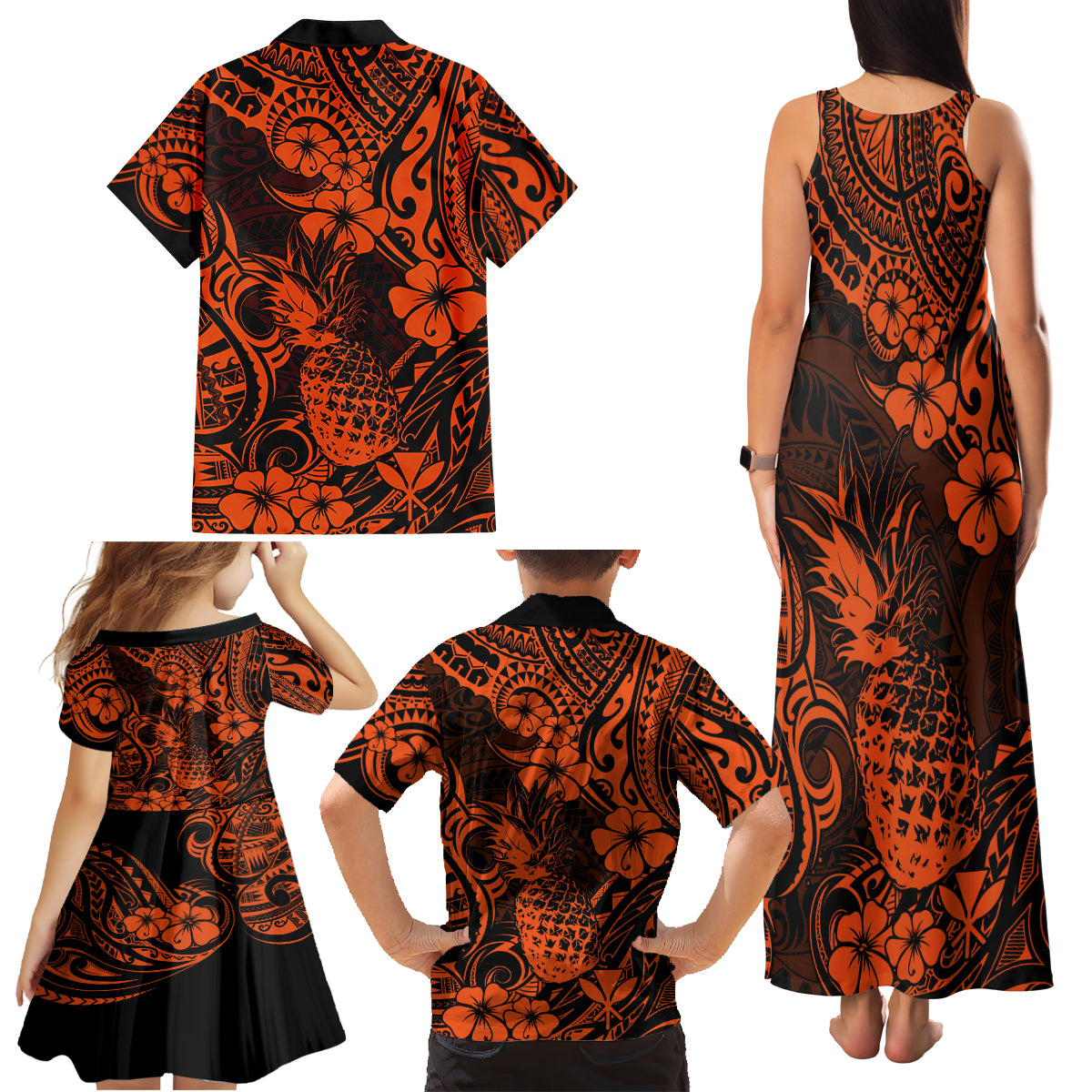 Hawaii Pineapple Family Matching Tank Maxi Dress and Hawaiian Shirt Paradise Flowers Pacific With Orange Polynesian Tribal - Wonder Print Shop