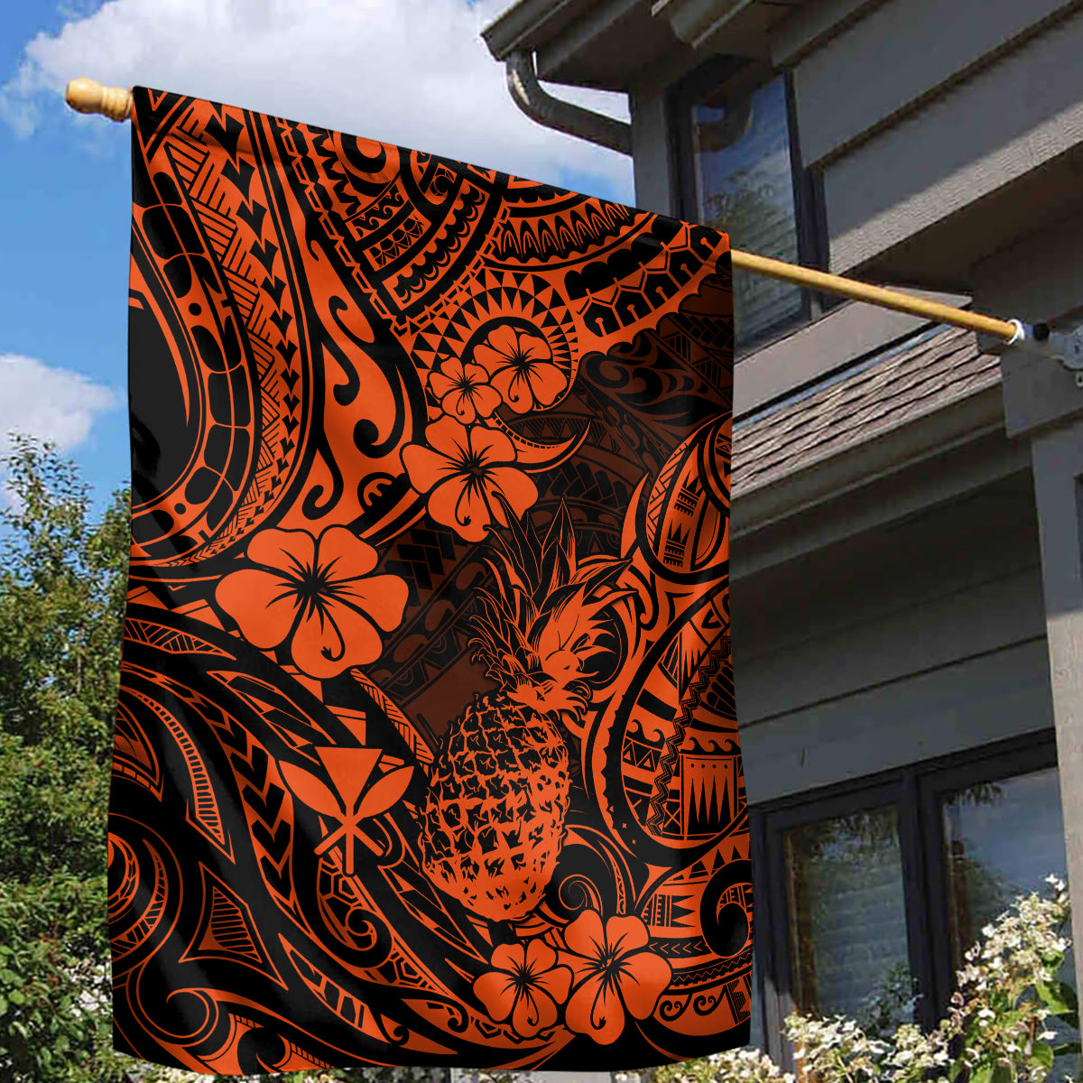Hawaii Pineapple Garden Flag Paradise Flowers Pacific With Orange Polynesian Tribal - Wonder Print Shop