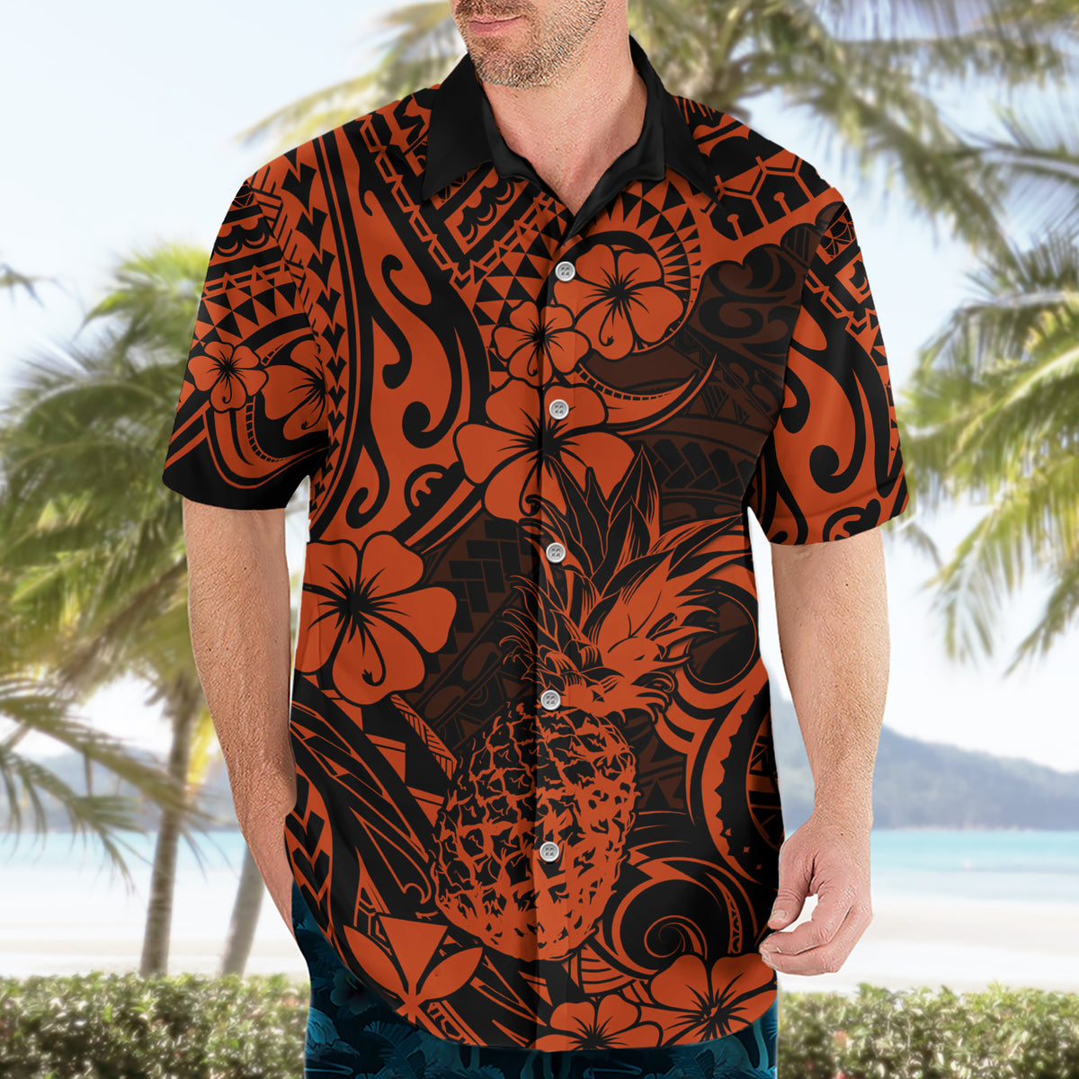 Hawaii Pineapple Hawaiian Shirt Paradise Flowers Pacific With Orange Polynesian Tribal - Wonder Print Shop