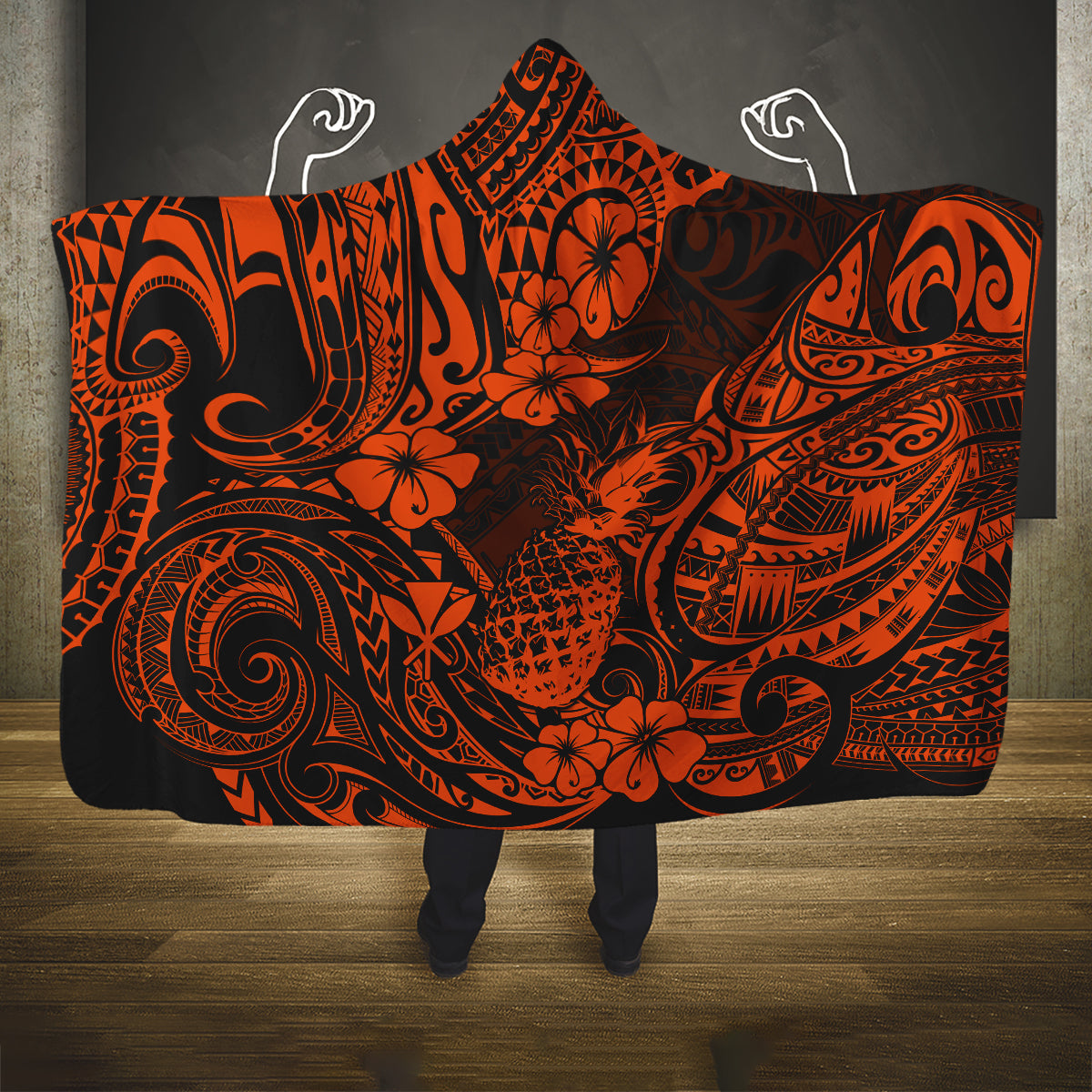 hawaii-pineapple-hooded-blanket-paradise-flowers-pacific-with-orange-polynesian-tribal