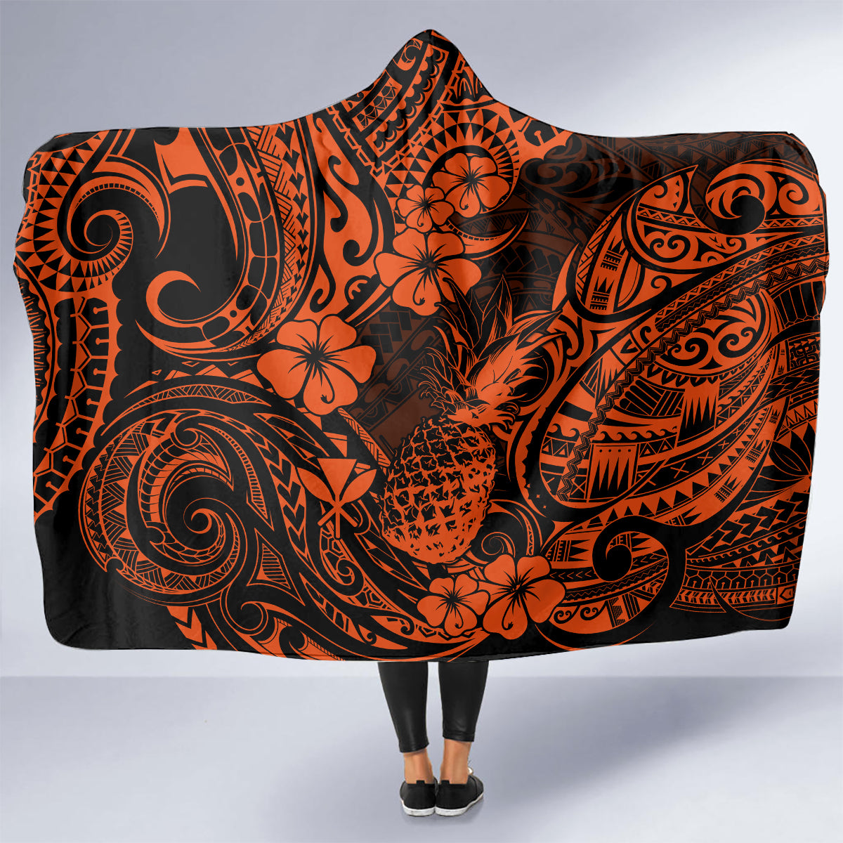 hawaii-pineapple-hooded-blanket-paradise-flowers-pacific-with-orange-polynesian-tribal