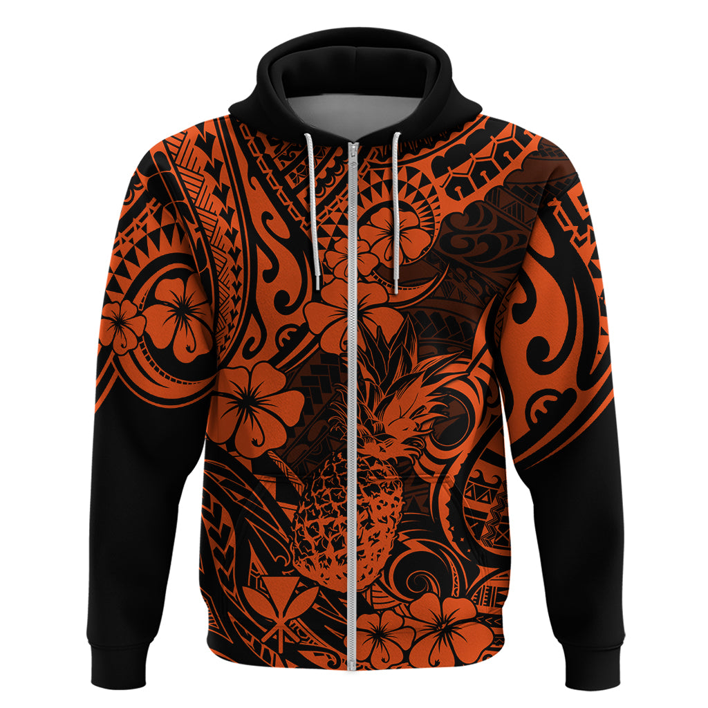 Hawaii Pineapple Hoodie Paradise Flowers Pacific With Orange Polynesian Tribal - Wonder Print Shop