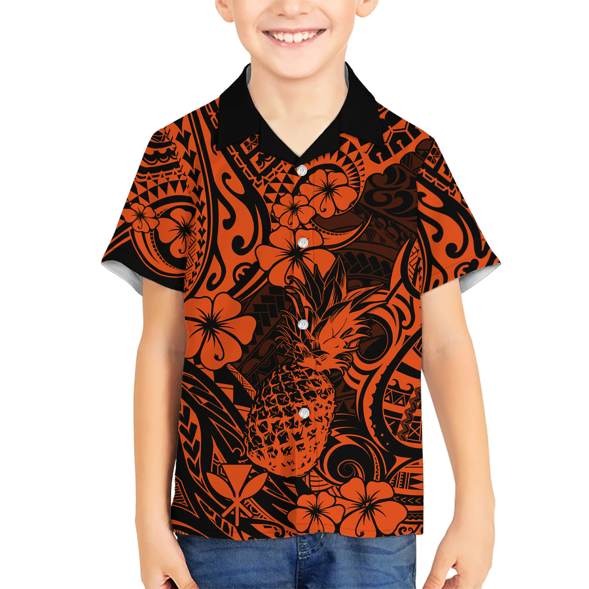 Hawaii Pineapple Kid Hawaiian Shirt Paradise Flowers Pacific With Orange Polynesian Tribal - Wonder Print Shop