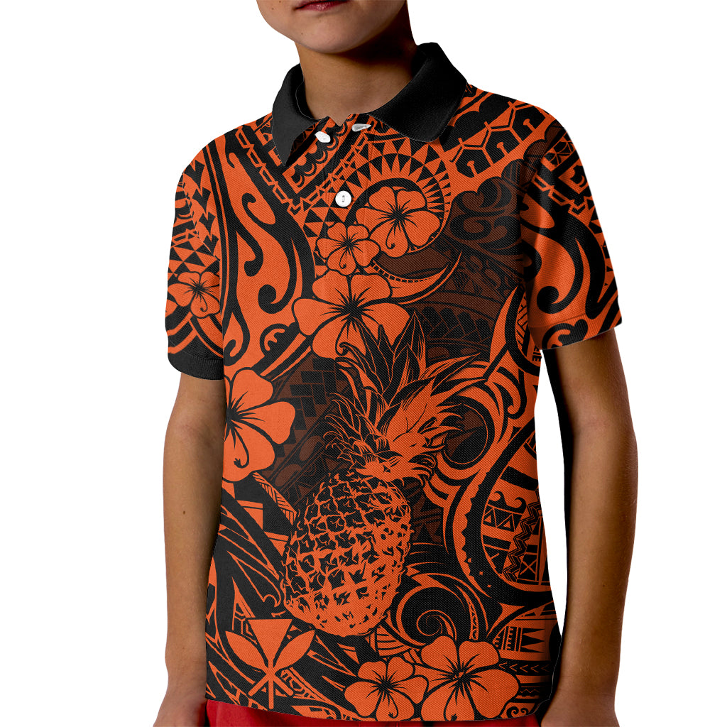 Hawaii Pineapple Kid Polo Shirt Paradise Flowers Pacific With Orange Polynesian Tribal - Wonder Print Shop
