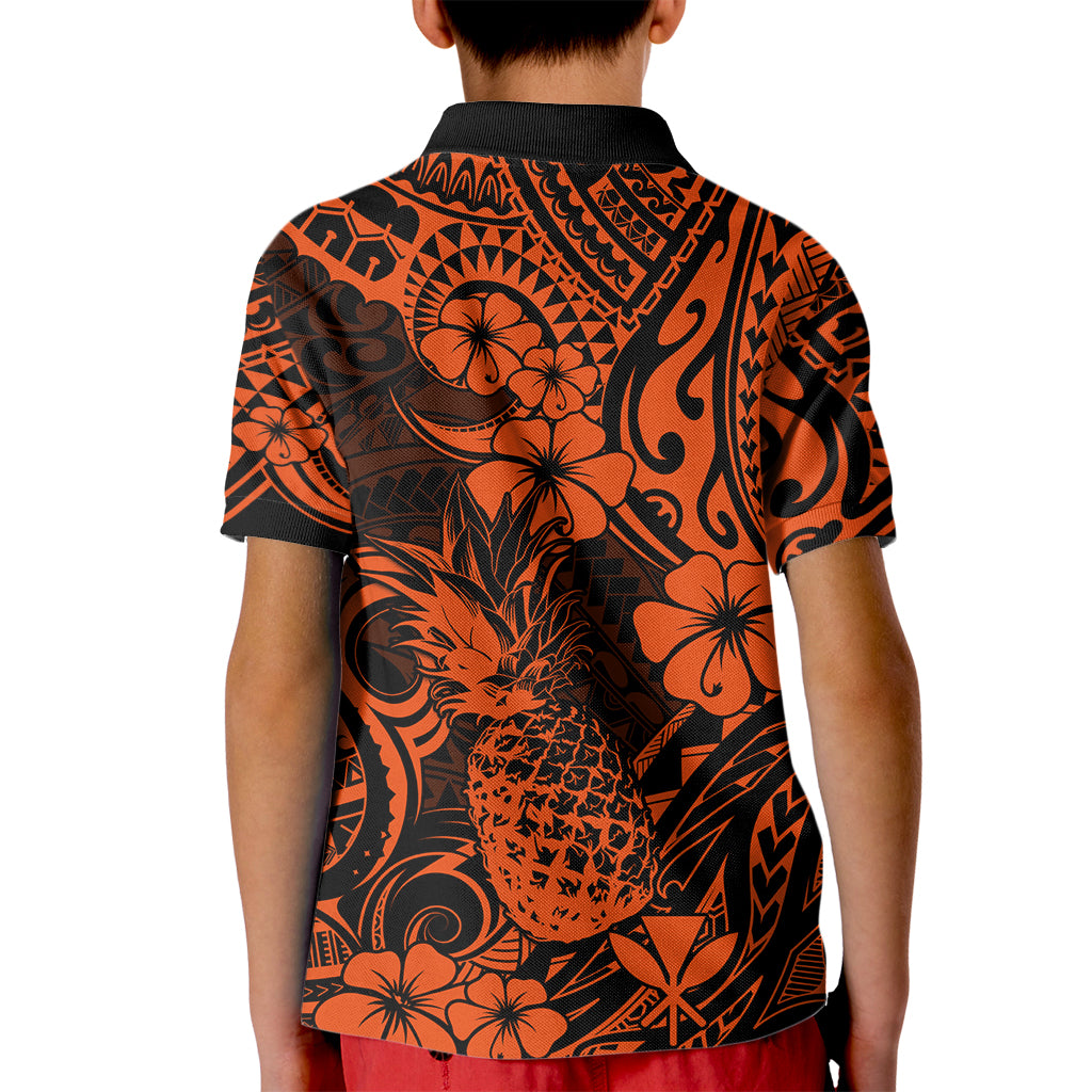 Hawaii Pineapple Kid Polo Shirt Paradise Flowers Pacific With Orange Polynesian Tribal - Wonder Print Shop